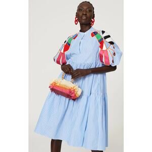 Stella Jean Parrot Striped Embroidered Tiered V Neck Puff Sleeve Dress 38 US 2